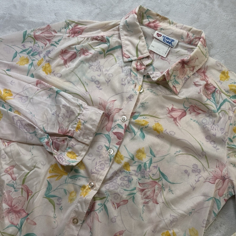 Vintage 70s College Town Floral‎ Button Front Shirt Pink Nylon Women's M Groovy